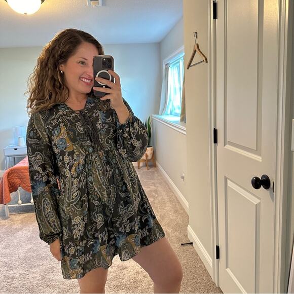 Free People Green Floral Lace Front Long Sleeve Mini Dress Small - Picture 3 of 14